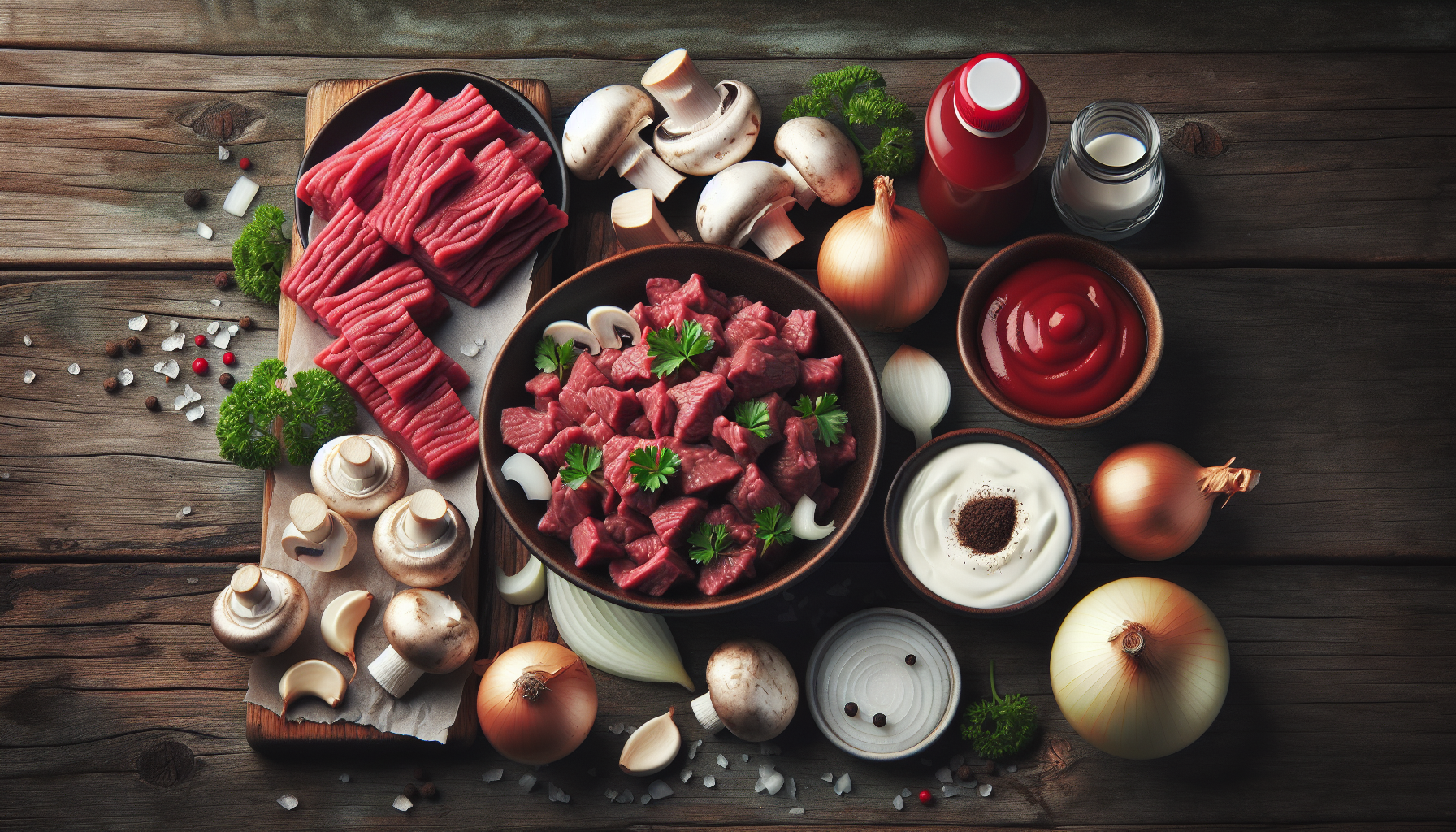 Ingredientes frescos para receita de strogonoff de carne em close-up