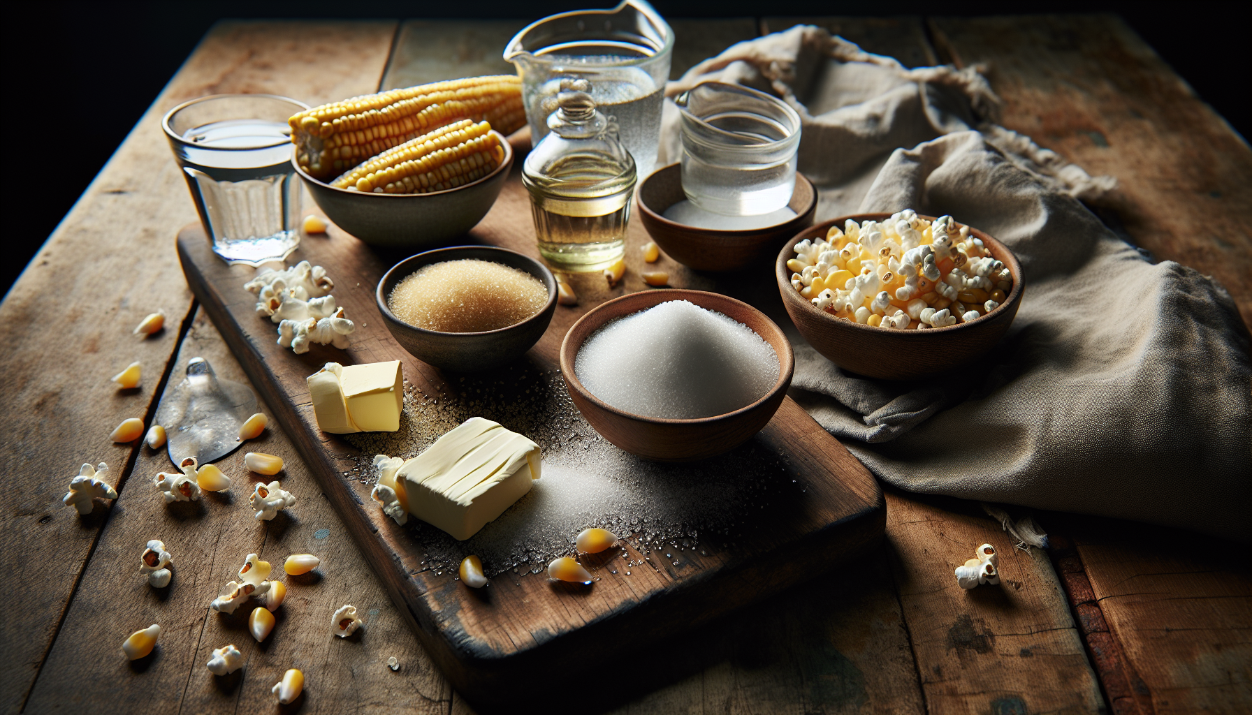 Close-up of ingredients for sweet popcorn with sugar, butter, corn kernels and water