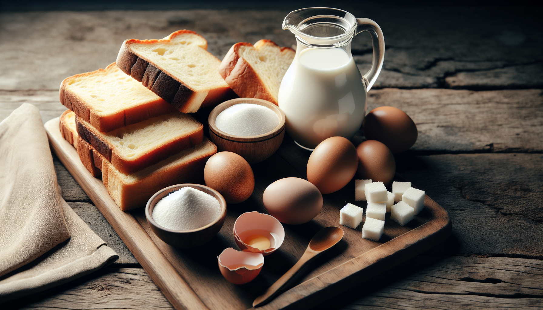 Close-up dos ingredientes para receita de pudim de pão: pães, ovos, leite e açúcar