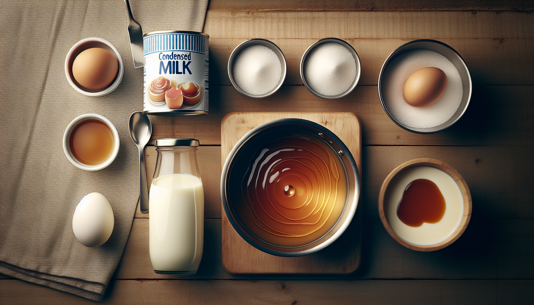 Ingredientes para pudim de leite condensado em uma bancada de cozinha