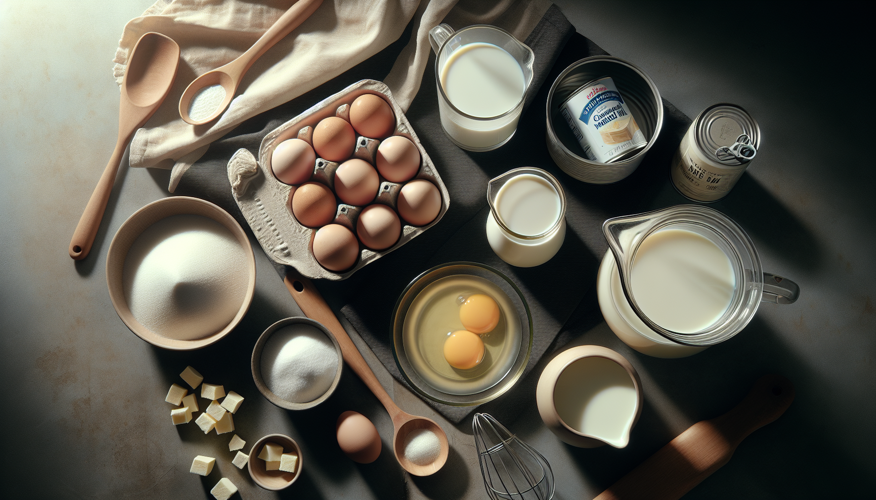Ingredientes para pudim de leite condensado em bancada de cozinha