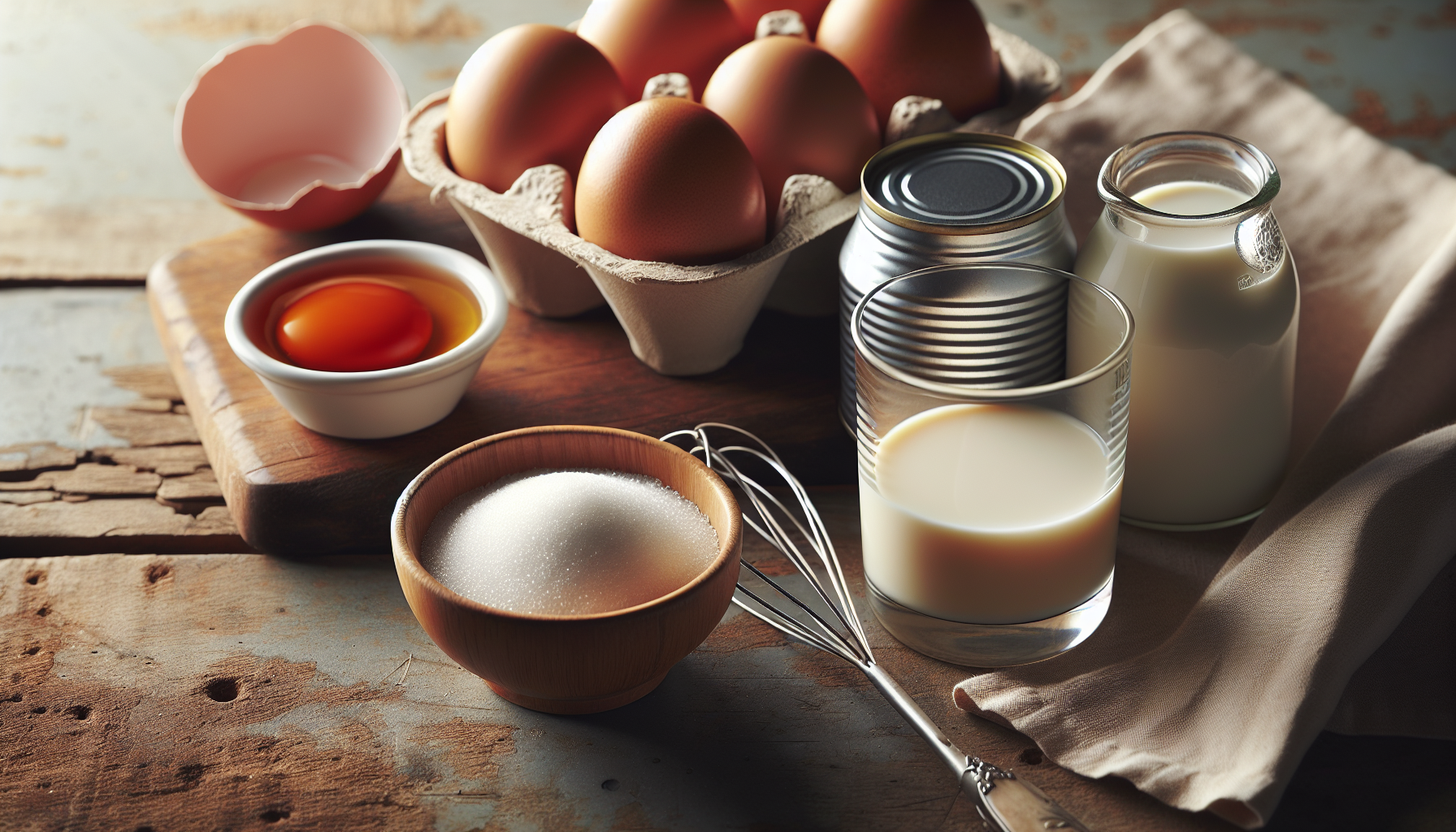Close-up dos ingredientes para receita de pudim tradicional: leite condensado, ovos, leite e açúcar