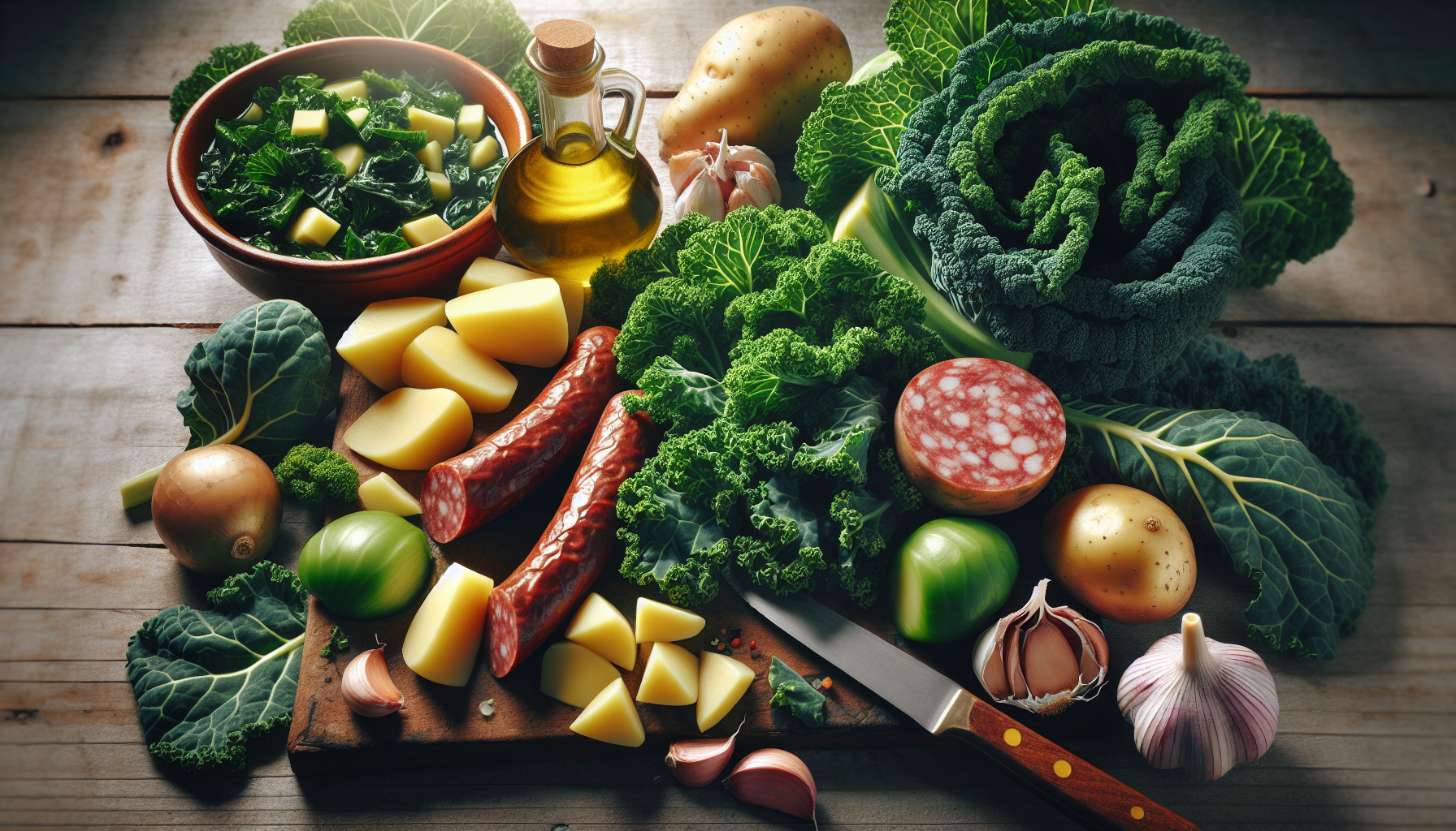Ingredientes frescos para receita de caldo verde com couve, batatas e chouriço