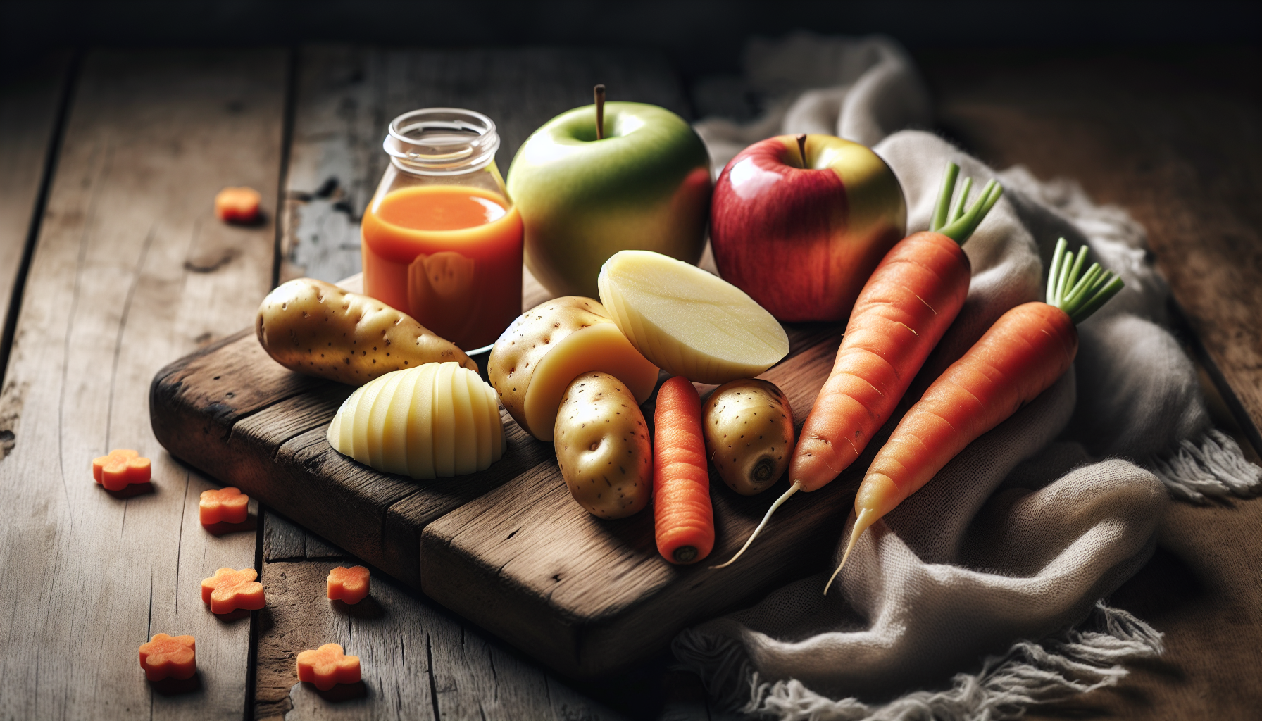 Ingrediente frescos para comida de bebê 6 meses: batata, cenoura e maçã em close-up