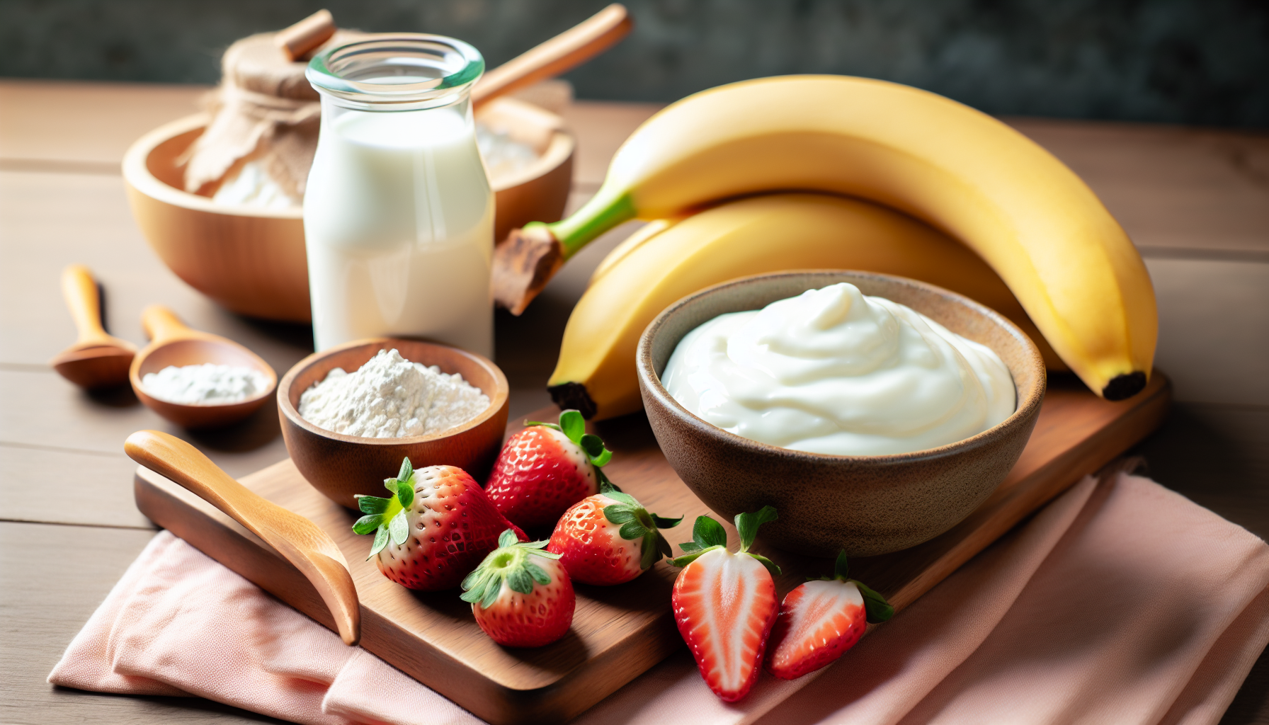Ingredientes naturais para receita de danoninho caseiro para bebê em close-up, banana, iogurte e morango