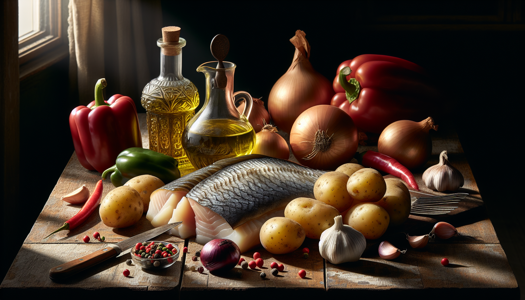 Close-up dos ingredientes frescos para receita de bacalhau: bacalhau dessalgado, batatas, pimentões, cebolas e azeite