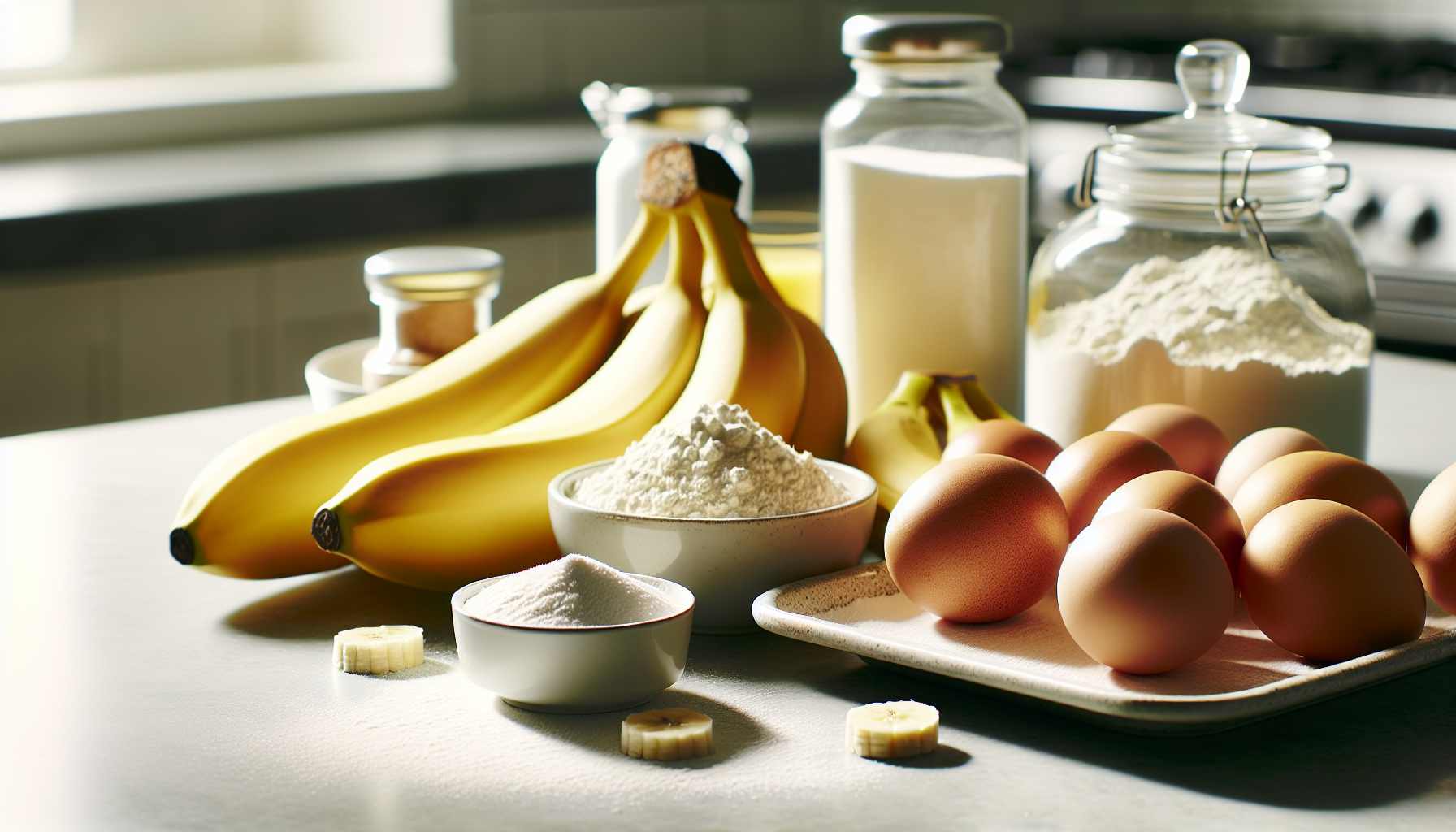 Ingredientes frescos para receita de bolo de banana: bananas maduras, ovos, farinha, açúcar e fermento