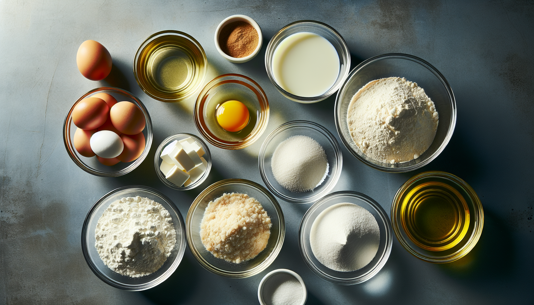 ingredientes para receita de bolo fácil e rápida em tigelas transparentes