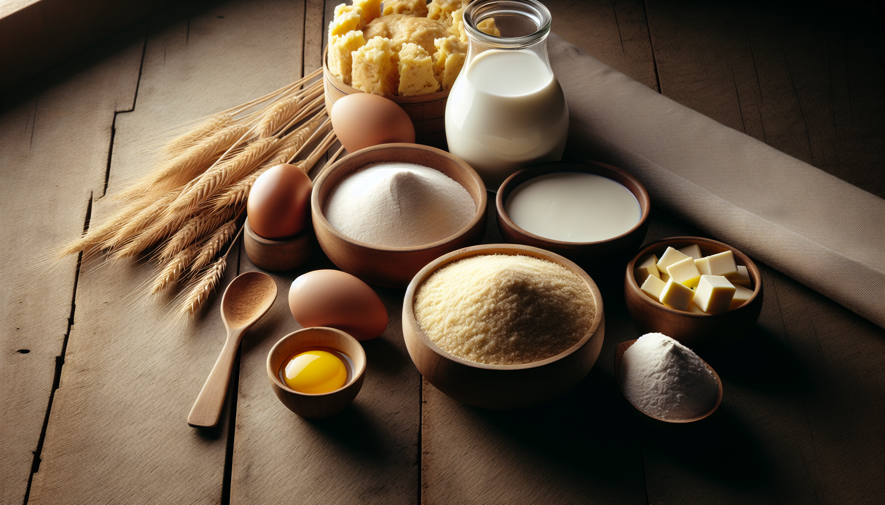 Ingredientes para broa de fubá em close-up, incluindo fubá, ovos, açúcar e leite