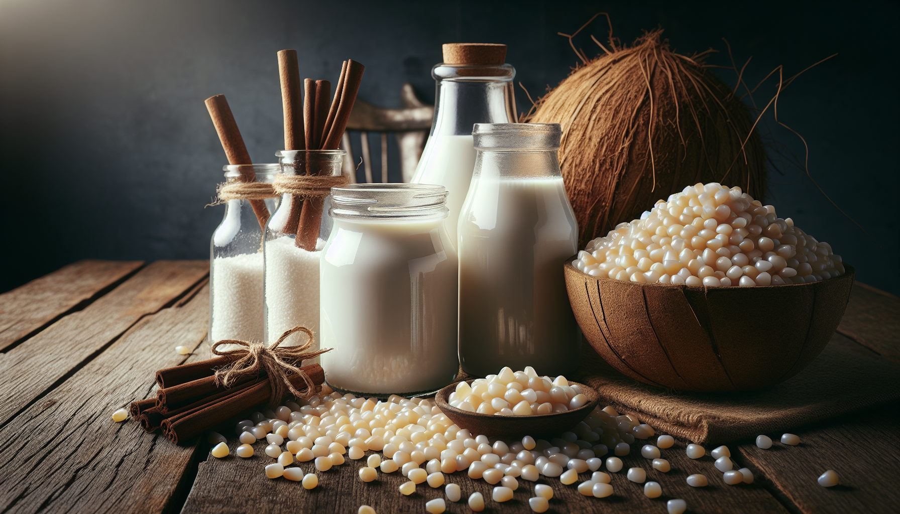 Ingredientes para receita de canjica: milho branco, leite condensado, leite de coco e canela em pau em close-up