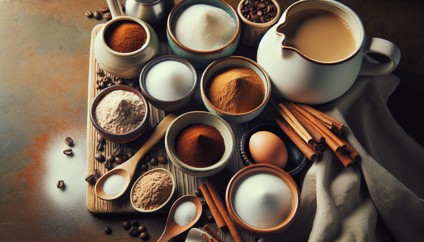 Ingredientes para receita de capuccino caseiro: café solúvel, leite em pó, açúcar, canela e água