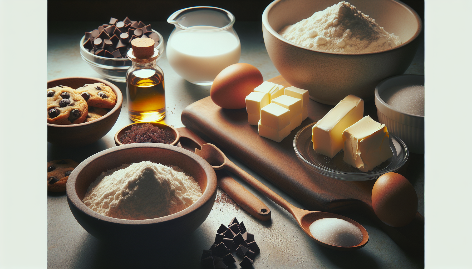 Ingredientes para receita de cookies caseiros, farinha, manteiga e gotas de chocolate