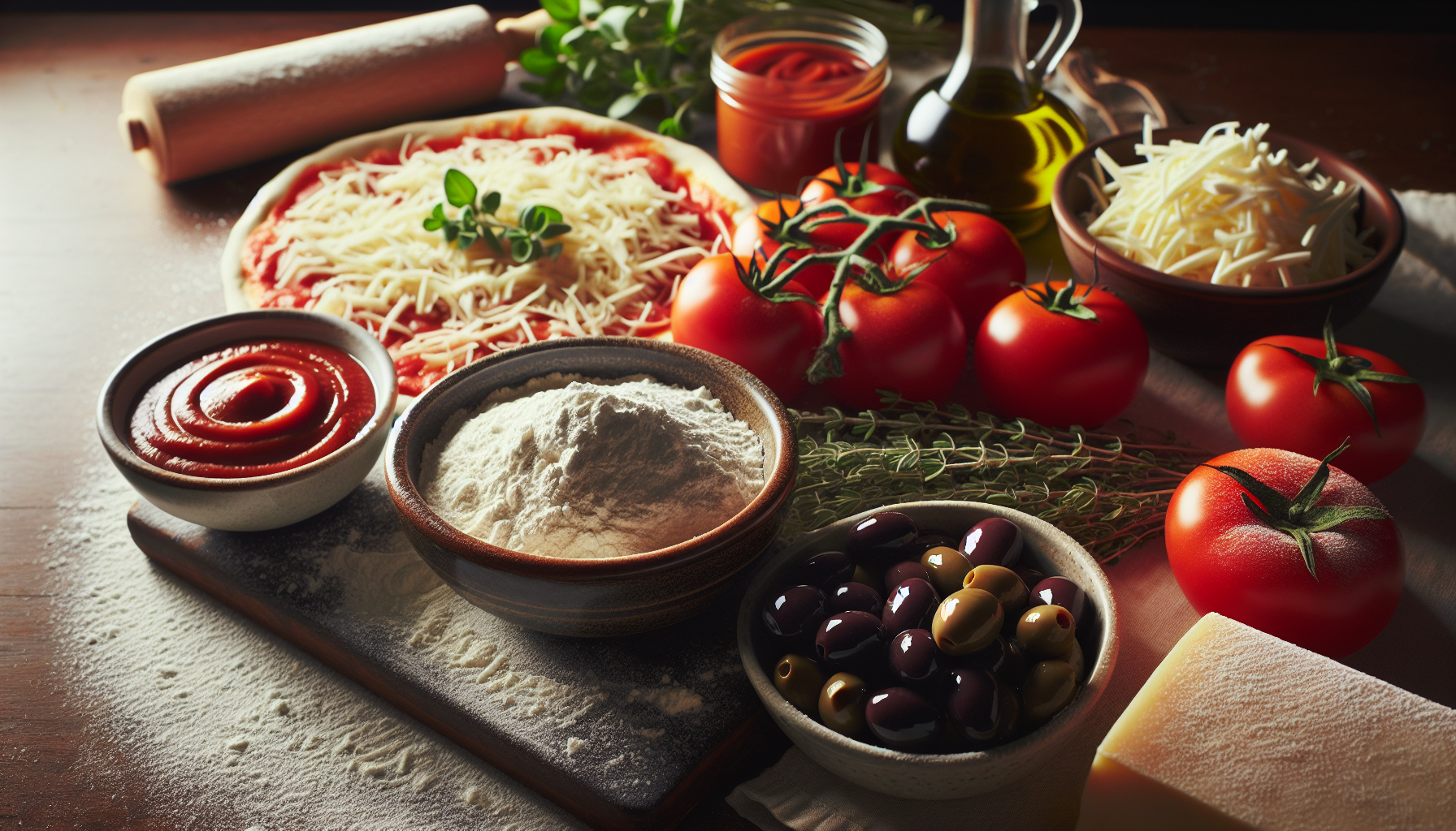 Close-up of pizza ingredients including flour, tomato sauce, cheese, and spices