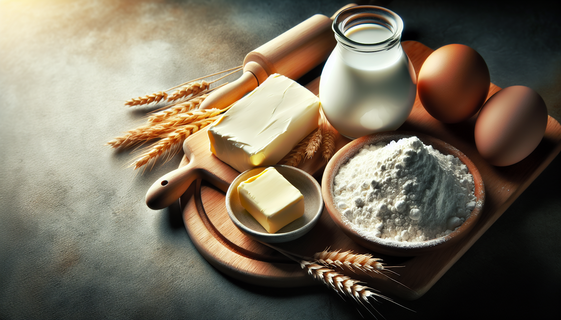 Close-up dos ingredientes para receita de molho branco: manteiga, farinha de trigo e leite