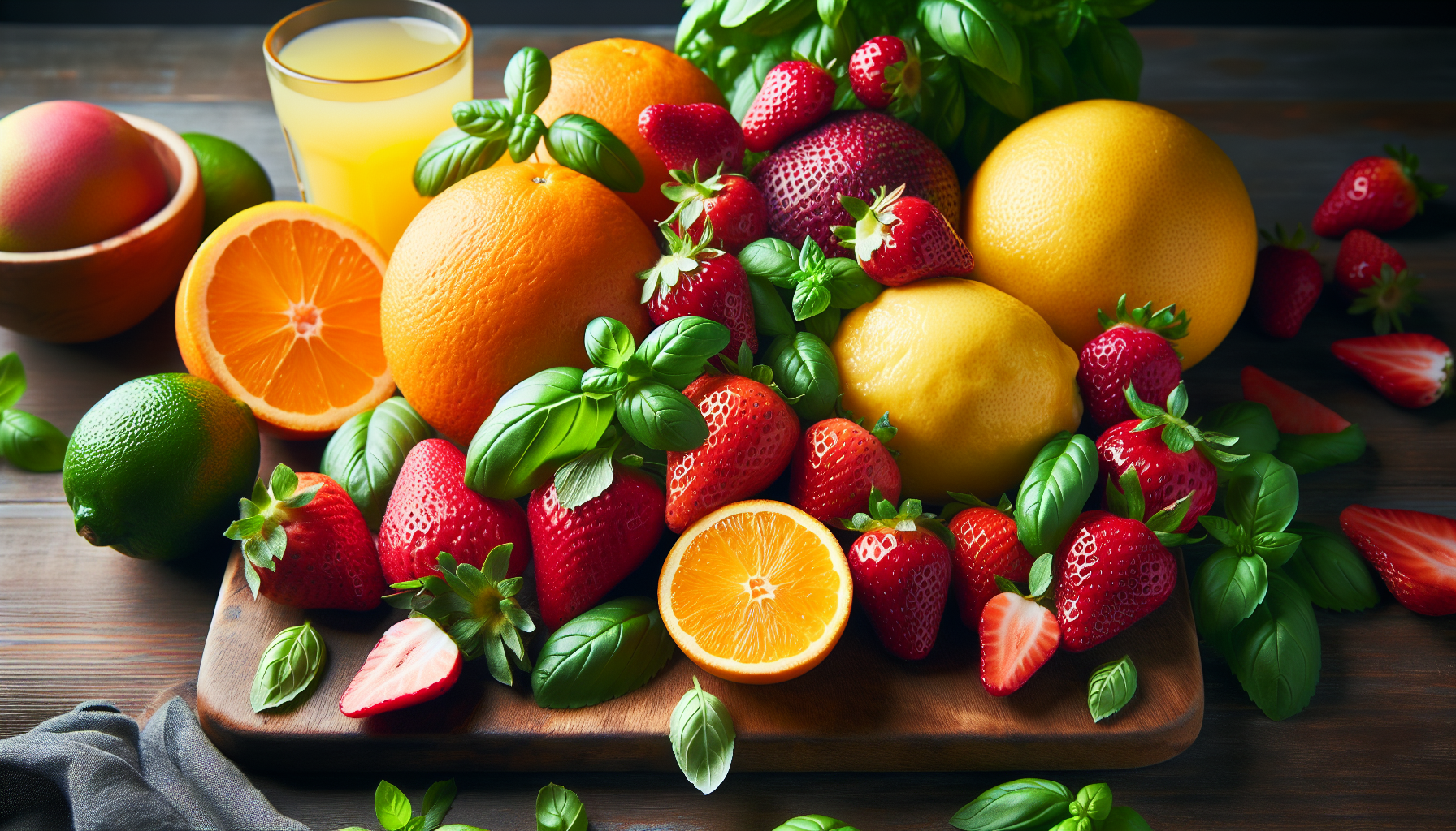 Close-up of fresh fruits and herbs used in homemade beverage recipes
