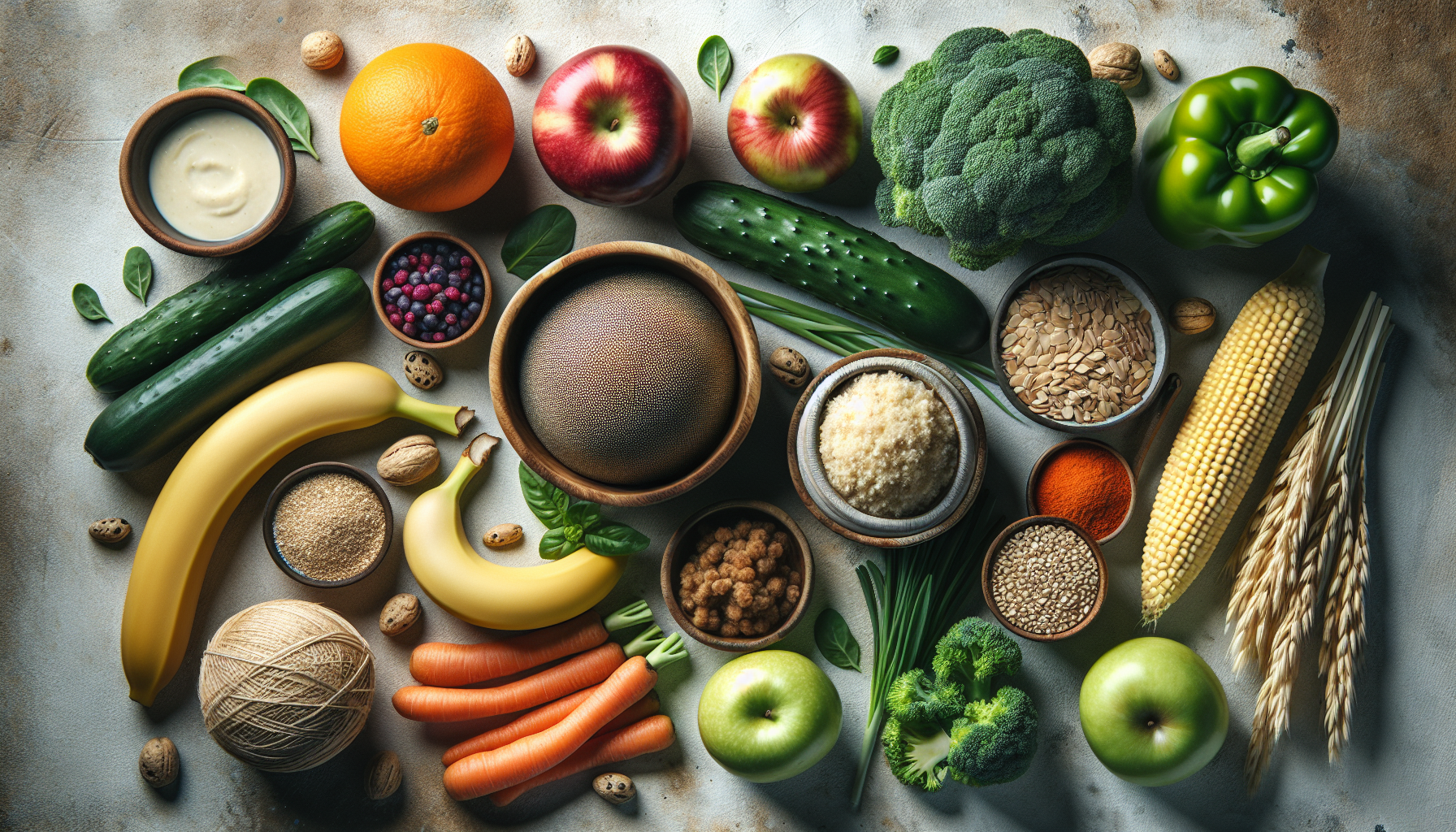 Close-up de ingredientes frescos para receitas para grávida, como legumes, frutas e grãos integrais