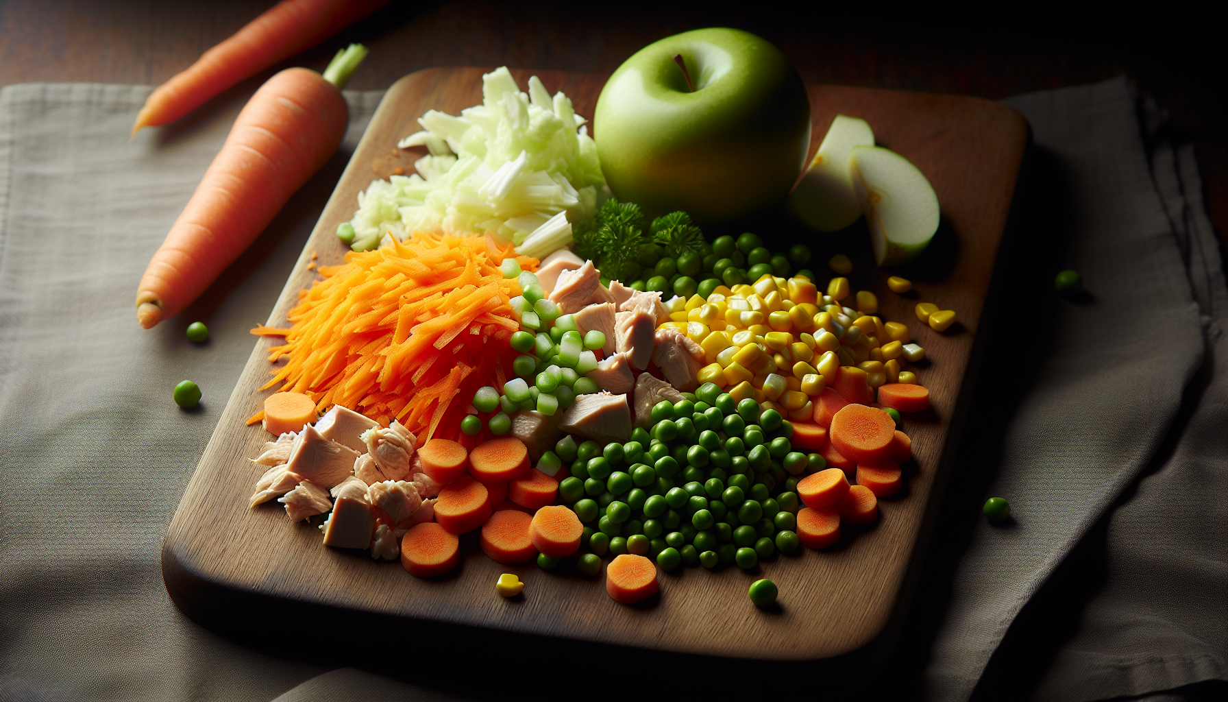 Close-up dos ingredientes frescos para receita de salpicão, incluindo cenoura ralada, maçã picada, milho e ervilha