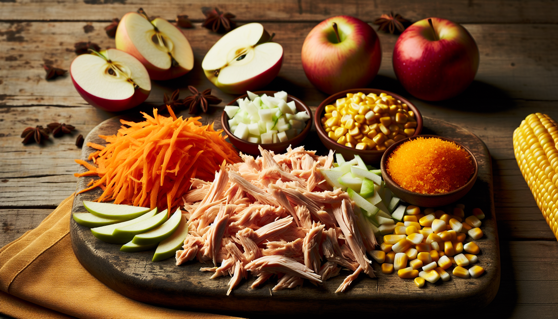 close-up dos ingredientes frescos para salpicão de frango, incluindo cenoura ralada, maçã picada, frango desfiado e milho