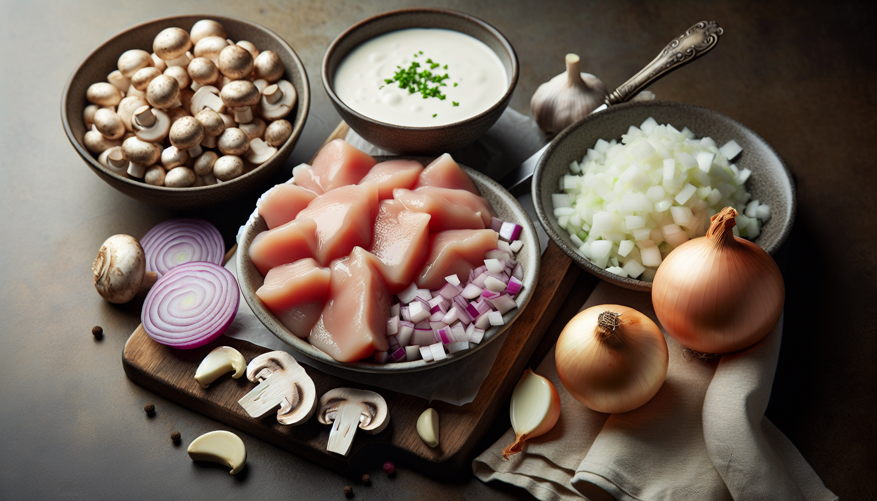 Close-up dos ingredientes frescos para receita de strogonoff de frango, incluindo peito de frango, cogumelos champignon, cebo