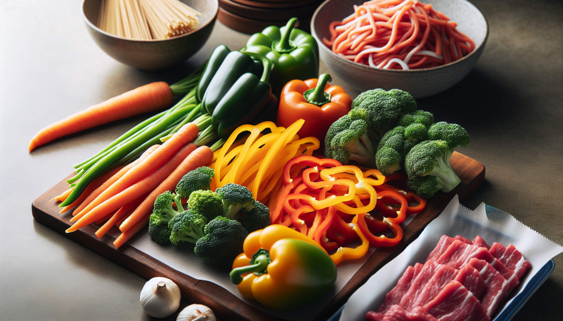 Close-up dos ingredientes frescos para yakisoba, incluindo cenoura, pimentão, brócolis e carne