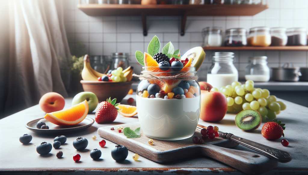 Iogurte natural com frutas para bebê servido em pote transparente