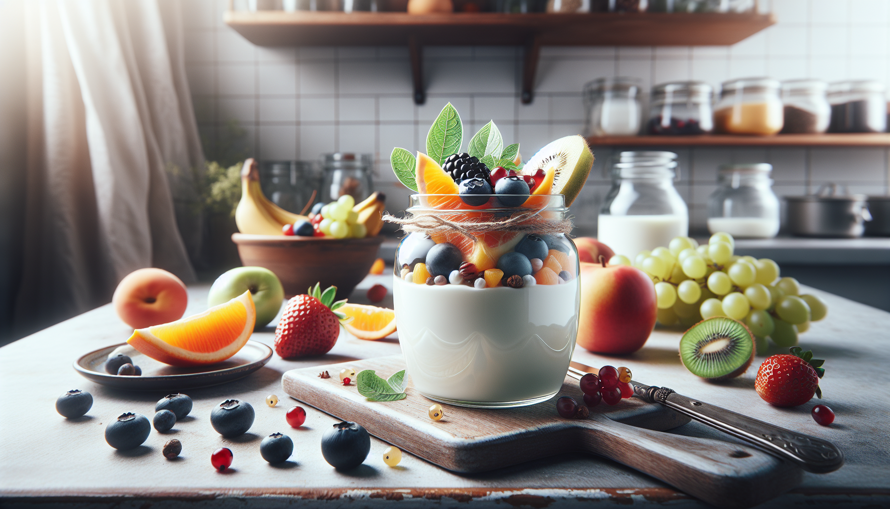 Iogurte natural com frutas para bebê servido em pote transparente