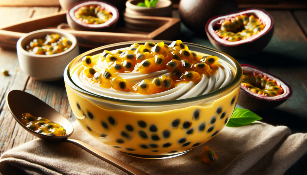 Mousse de maracujá com a fruta pronta em taça transparente, sobremesa cremosa e decorada com polpa de maracujá