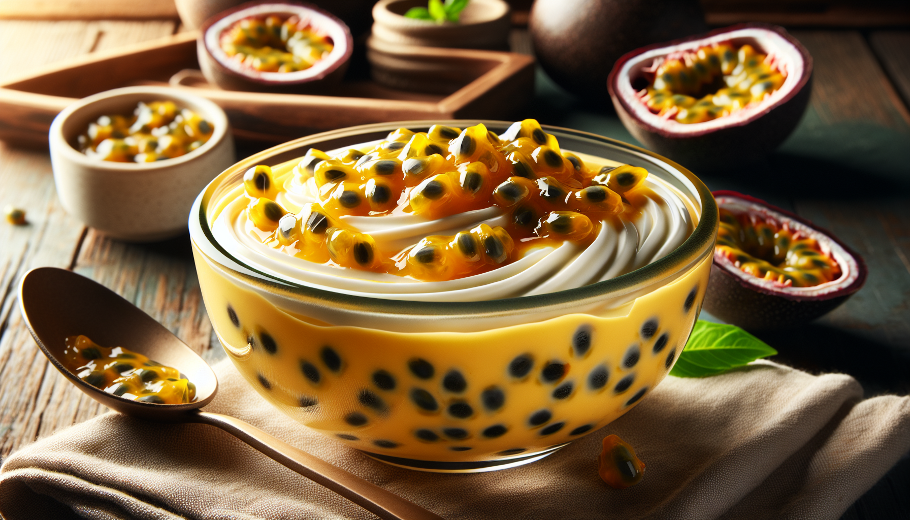 Mousse de maracujá com a fruta pronta em taça transparente, sobremesa cremosa e decorada com polpa de maracujá