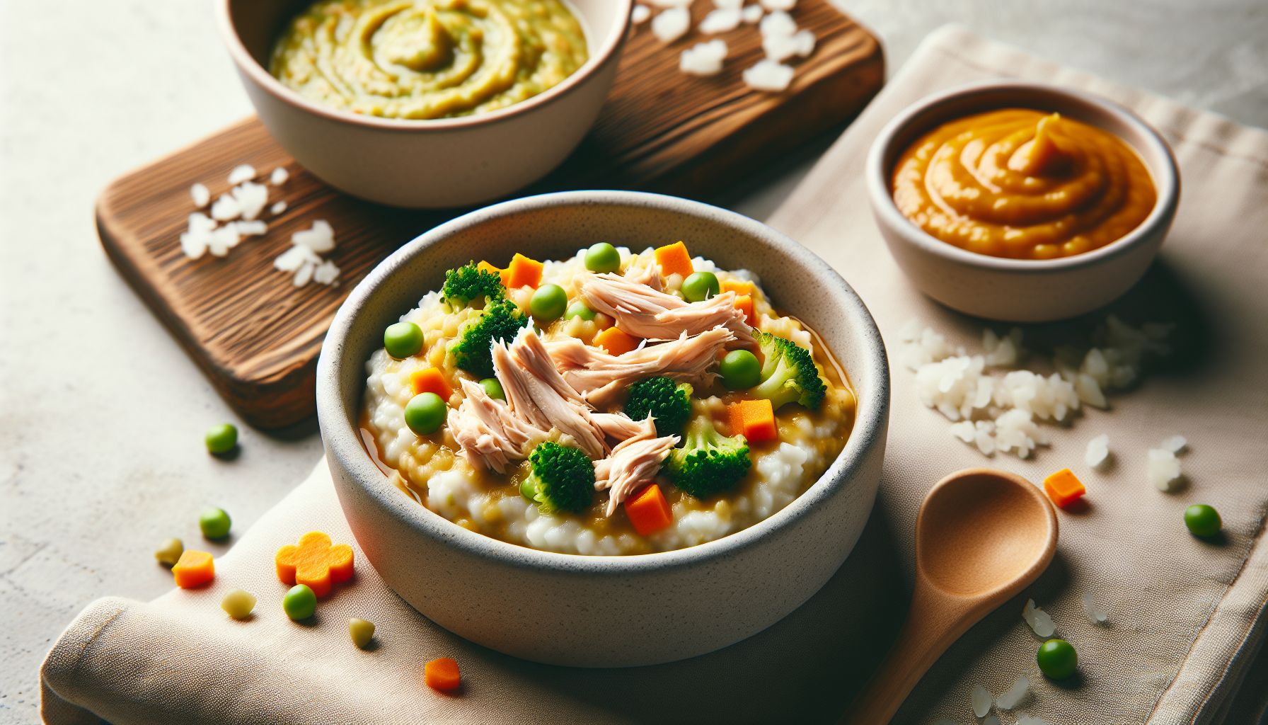 Prato de receita bebê 1 ano com legumes, arroz e frango desfiado