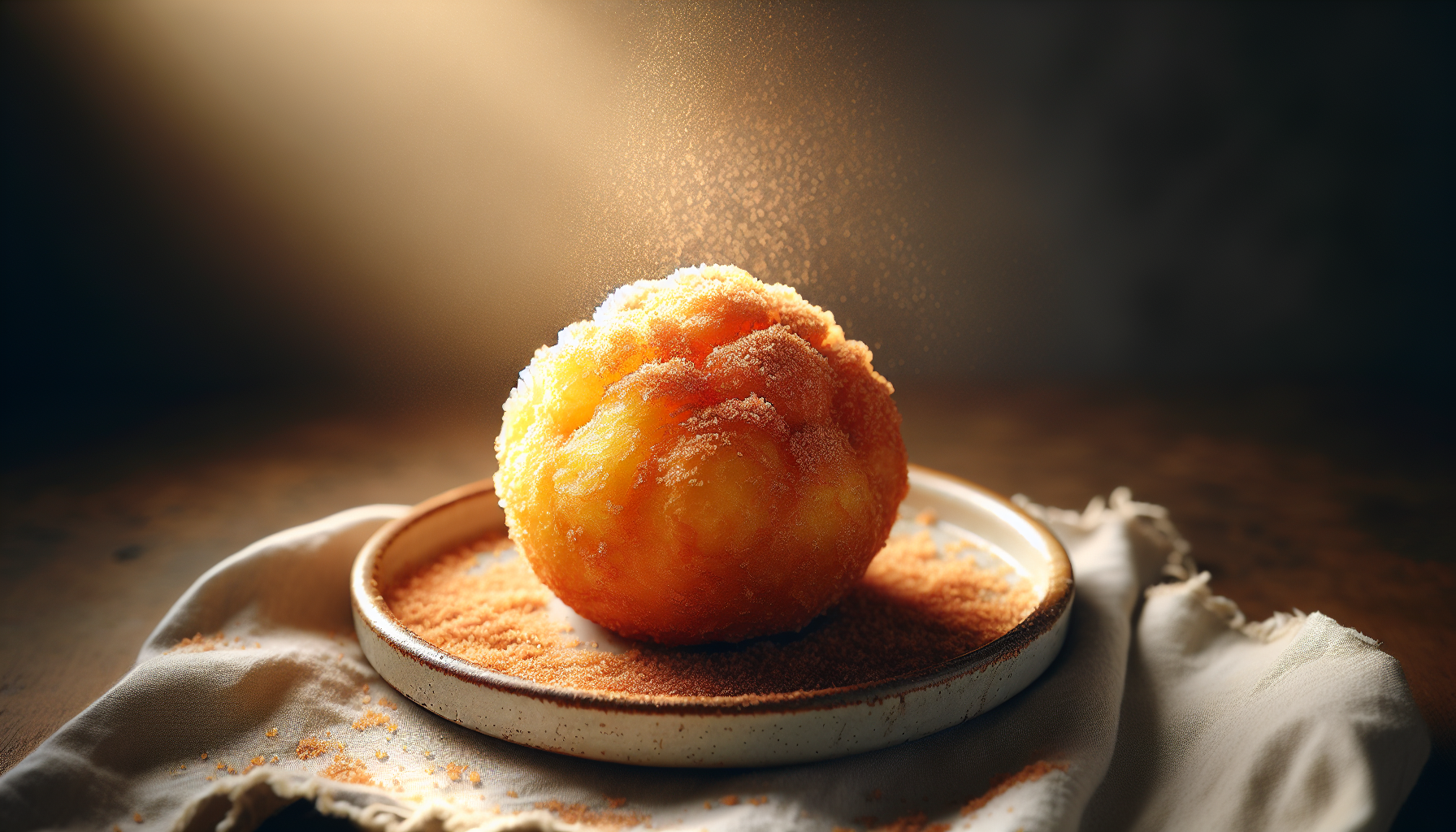 Bolinho de chuva pronto, dourado e polvilhado com açúcar e canela