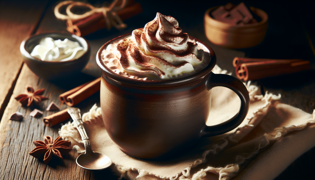 Receita de chocolate quente cremoso servido em caneca com chantilly