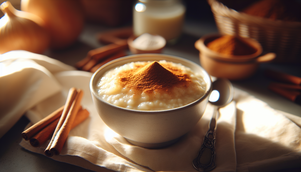 Receita de arroz doce pronta em prato branco, cremosa e polvilhada com canela