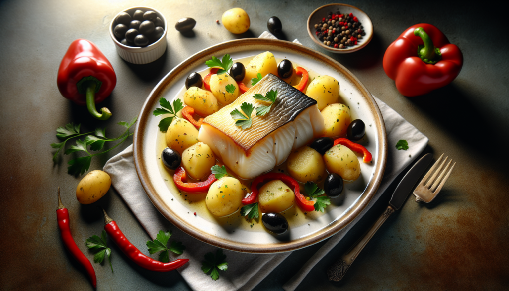 Prato de receita de bacalhau tradicional servido em travessa branca com batatas e pimentões