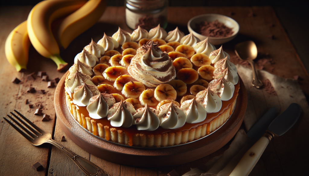 Banoffee pronta com camadas de banana, doce de leite e chantilly decorada com chocolate
