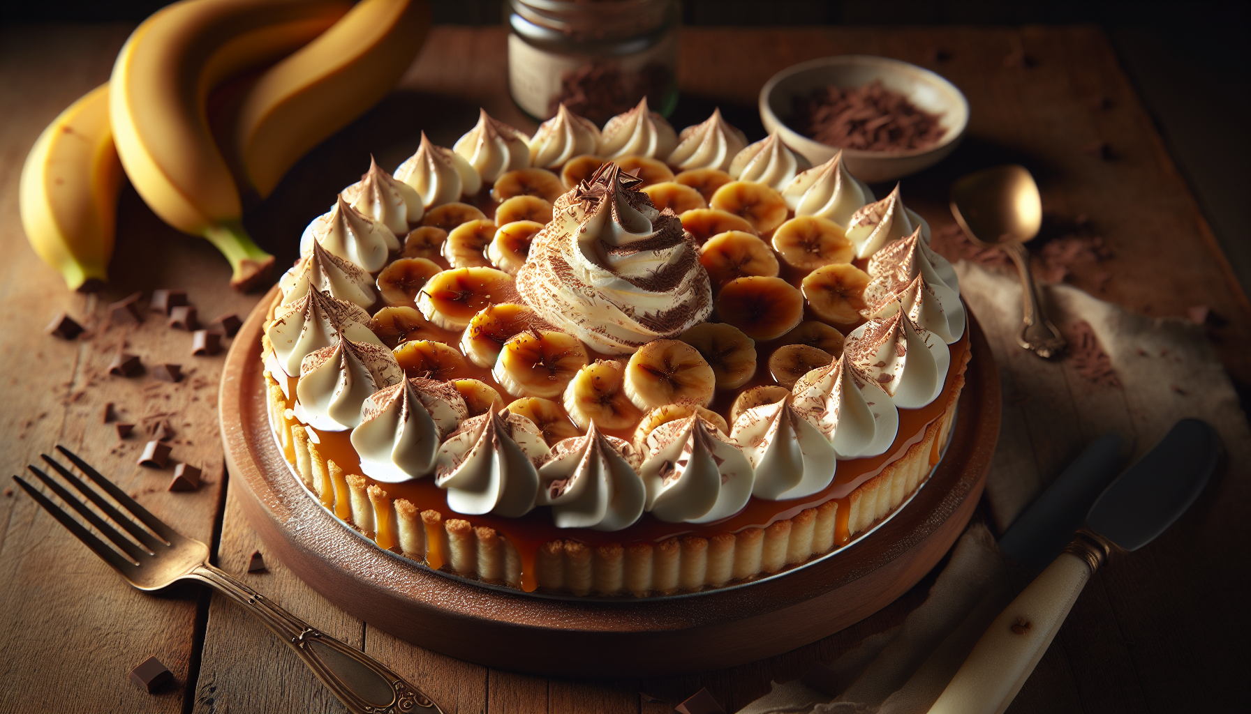 Banoffee pronta com camadas de banana, doce de leite e chantilly decorada com chocolate
