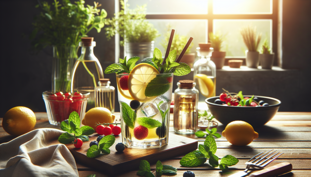 Bebida refrescante natural em copo transparente com frutas frescas