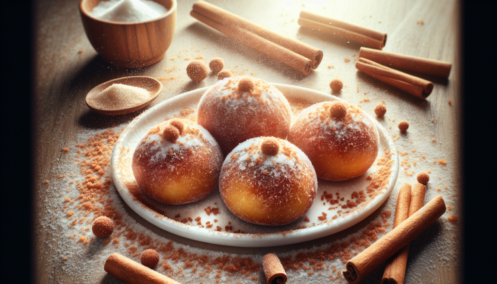 Bolinho de chuva tradicional pronto servido em prato branco com açúcar e canela polvilhados