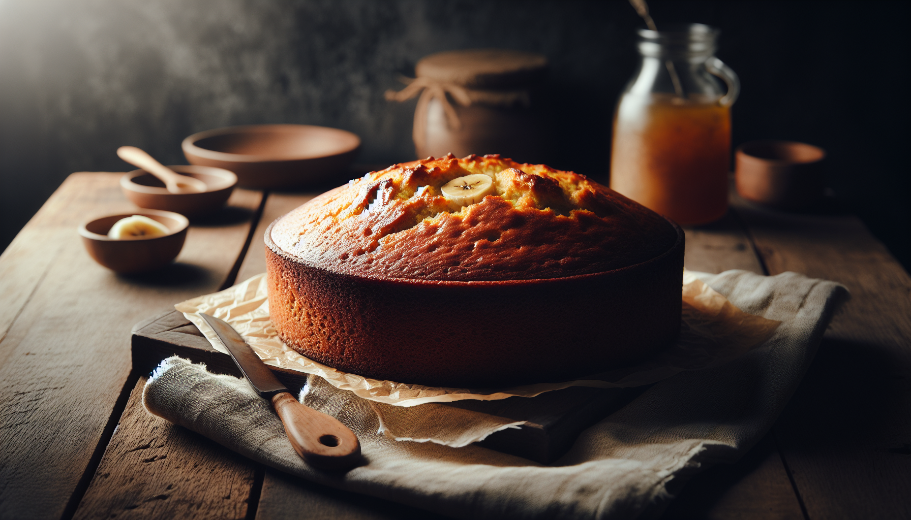 Bolo de banana fofinho e dourado pronto para servir