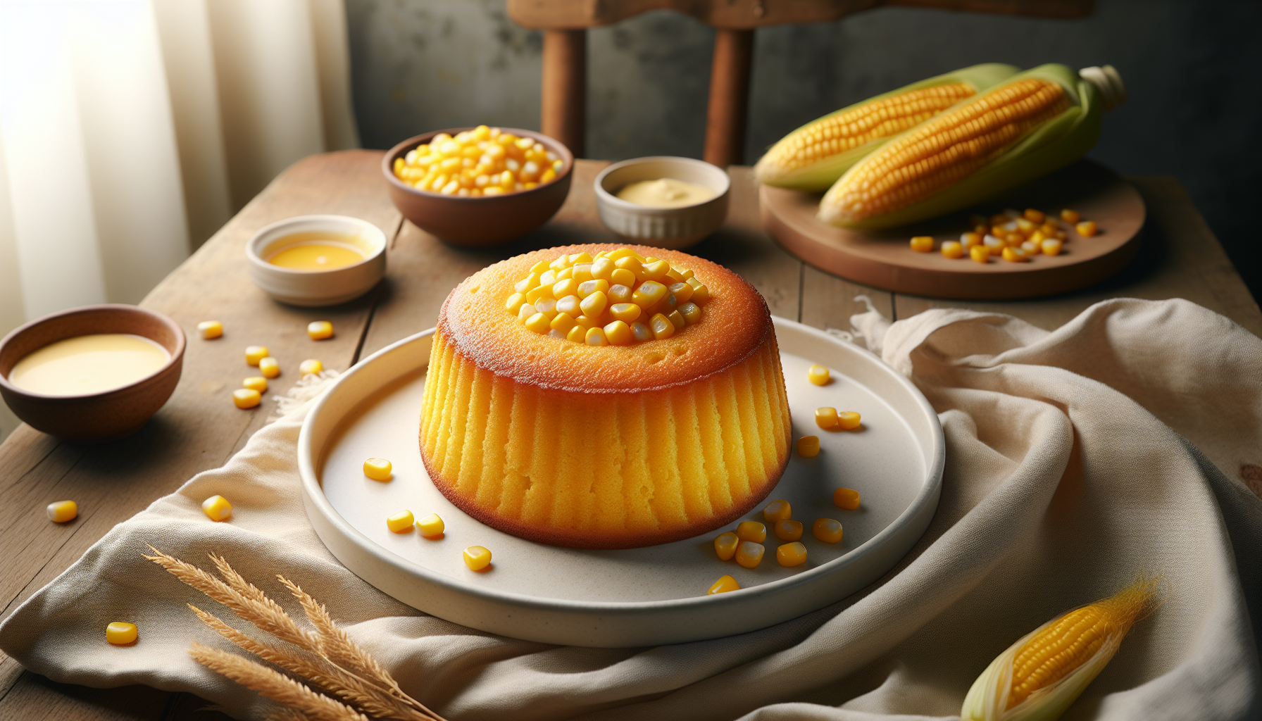 Bolo de milho pronto, dourado e macio em uma travessa branca