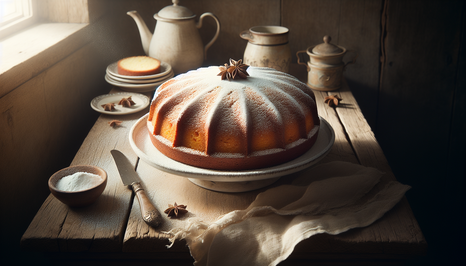 Bolo simples pronto, decorado com açúcar de confeiteiro