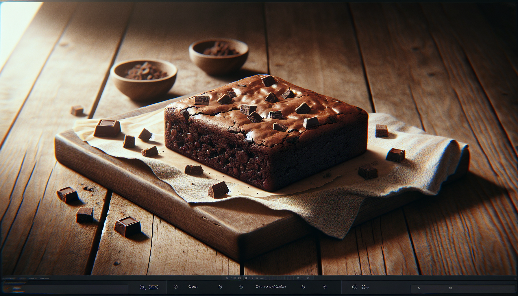 Brownie simples pronto com textura úmida e pedaços de chocolate