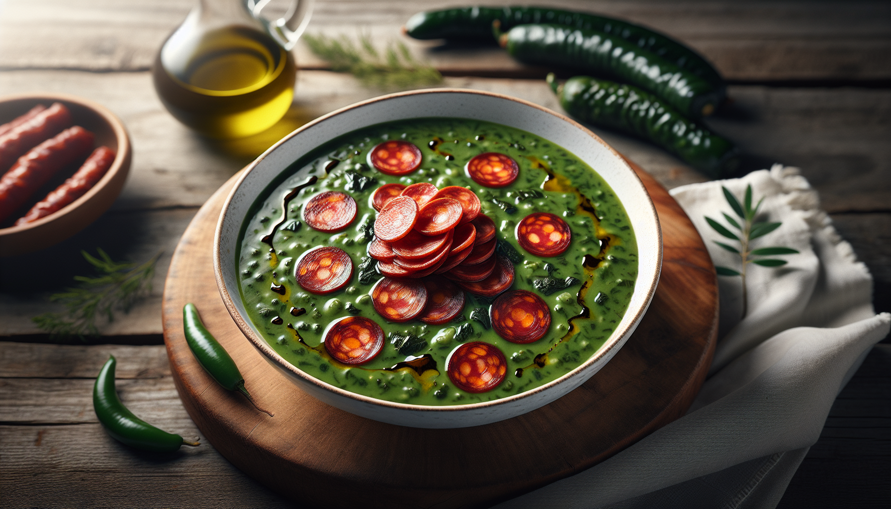 Caldo verde tradicional servido em prato branco com chouriço e azeite