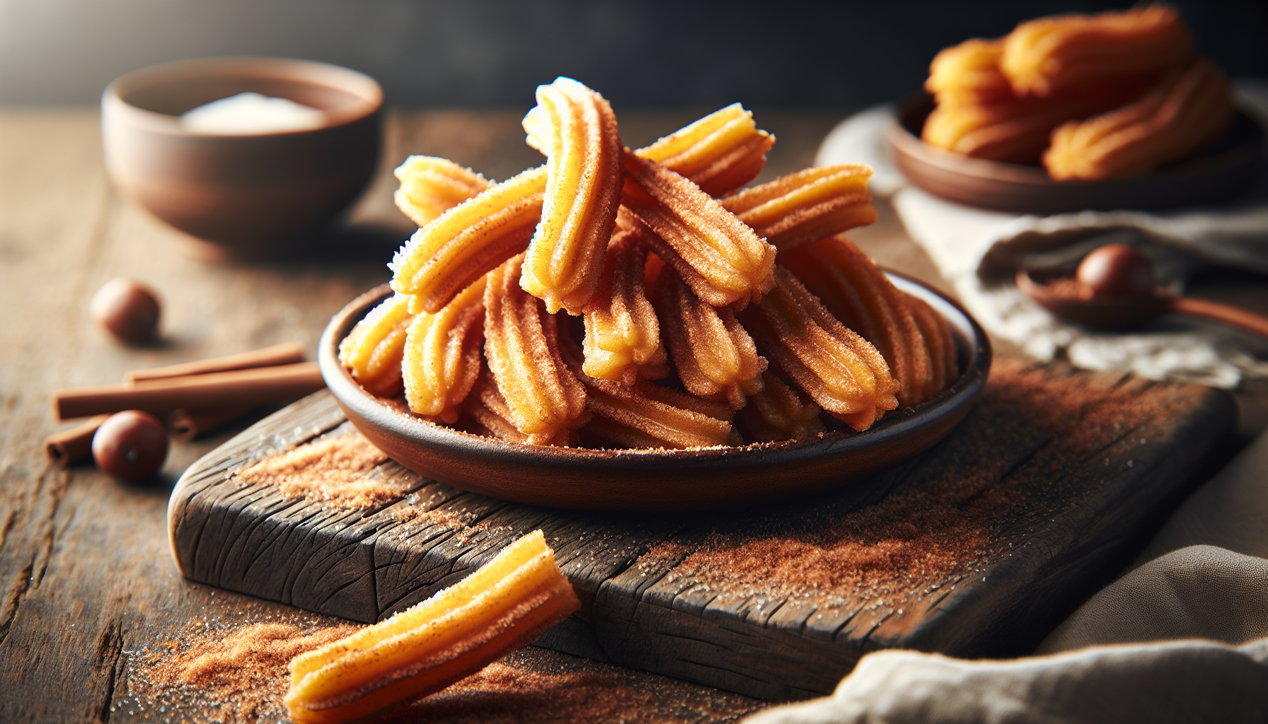 Churros crocantes e dourados prontos para servir