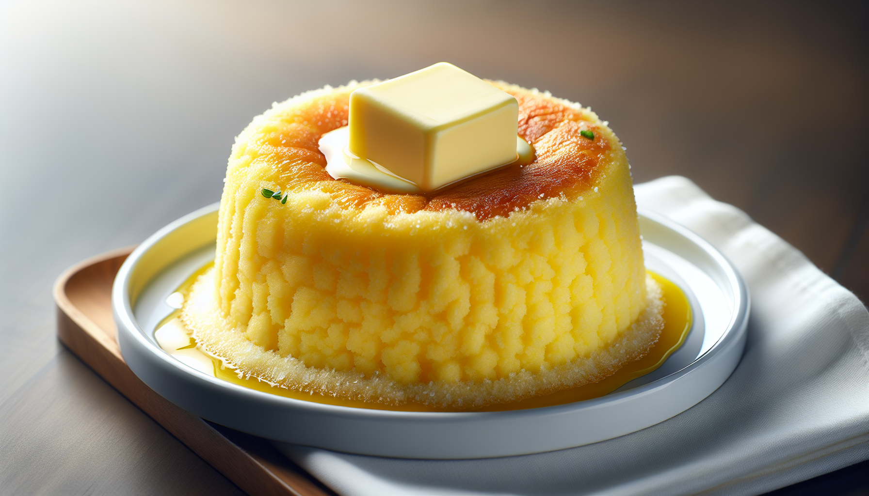 Receita de cuscuz pronto servido em prato branco com manteiga derretida