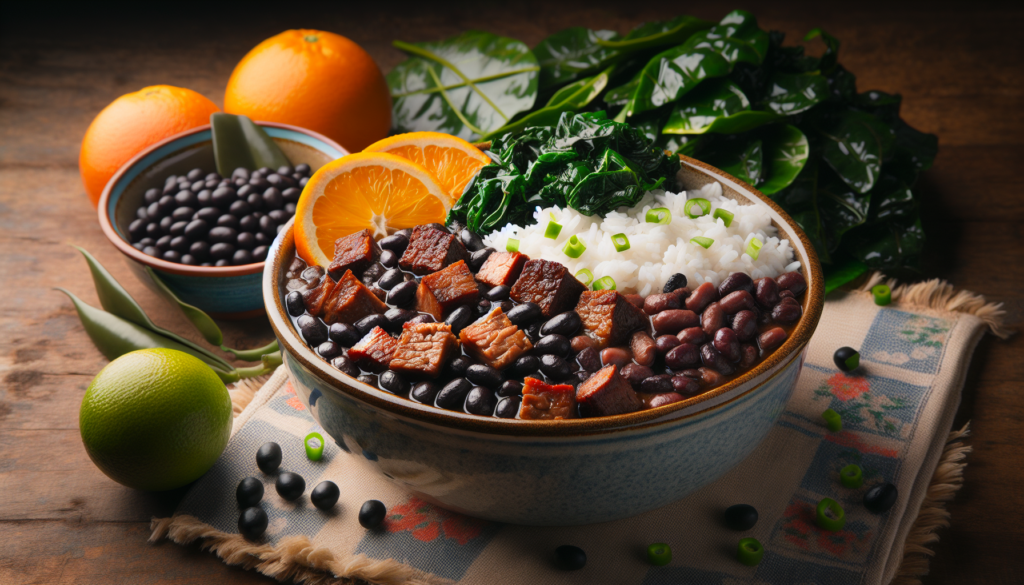 Feijoada tradicional pronta servida com arroz, couve e laranja