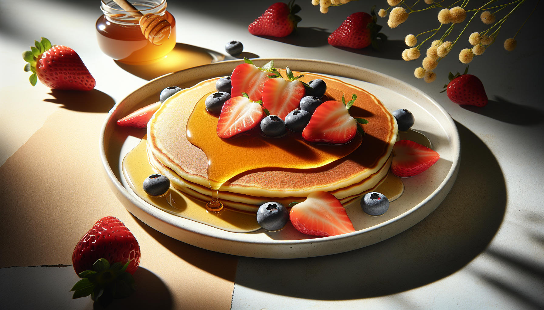 Panqueca simples pronta servida com mel e frutas
