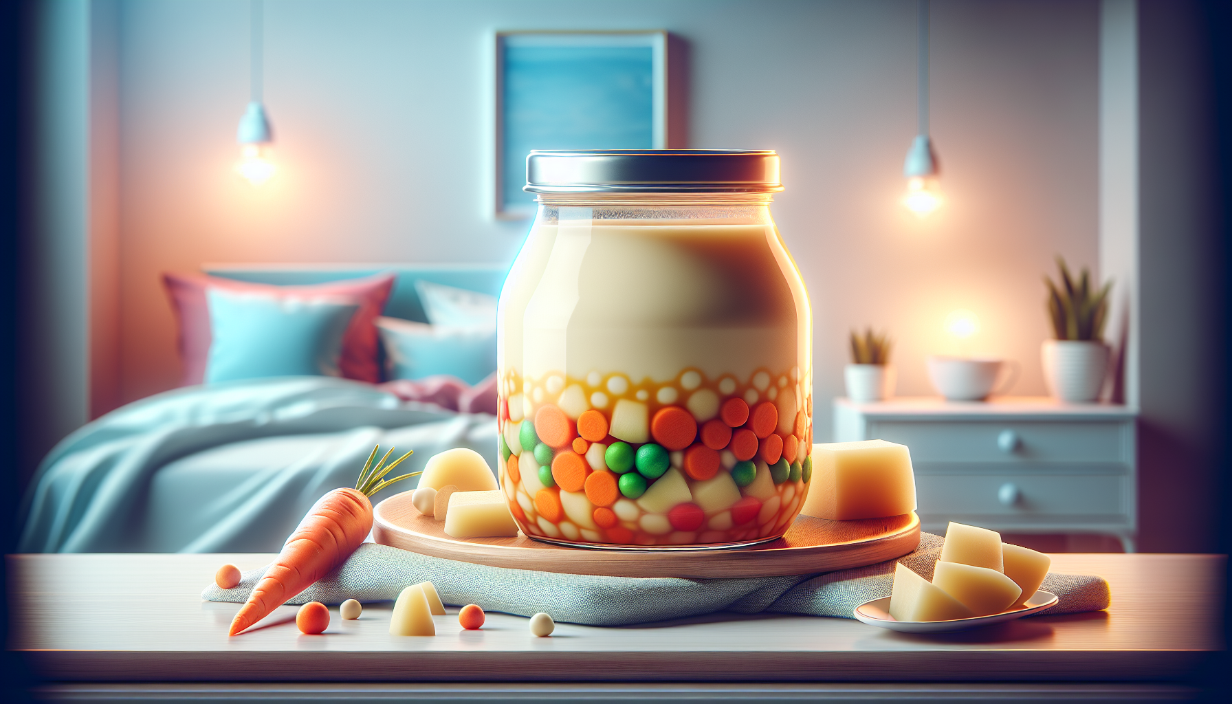 Papinha para bebê pronta em pote transparente, cremosa e colorida com legumes