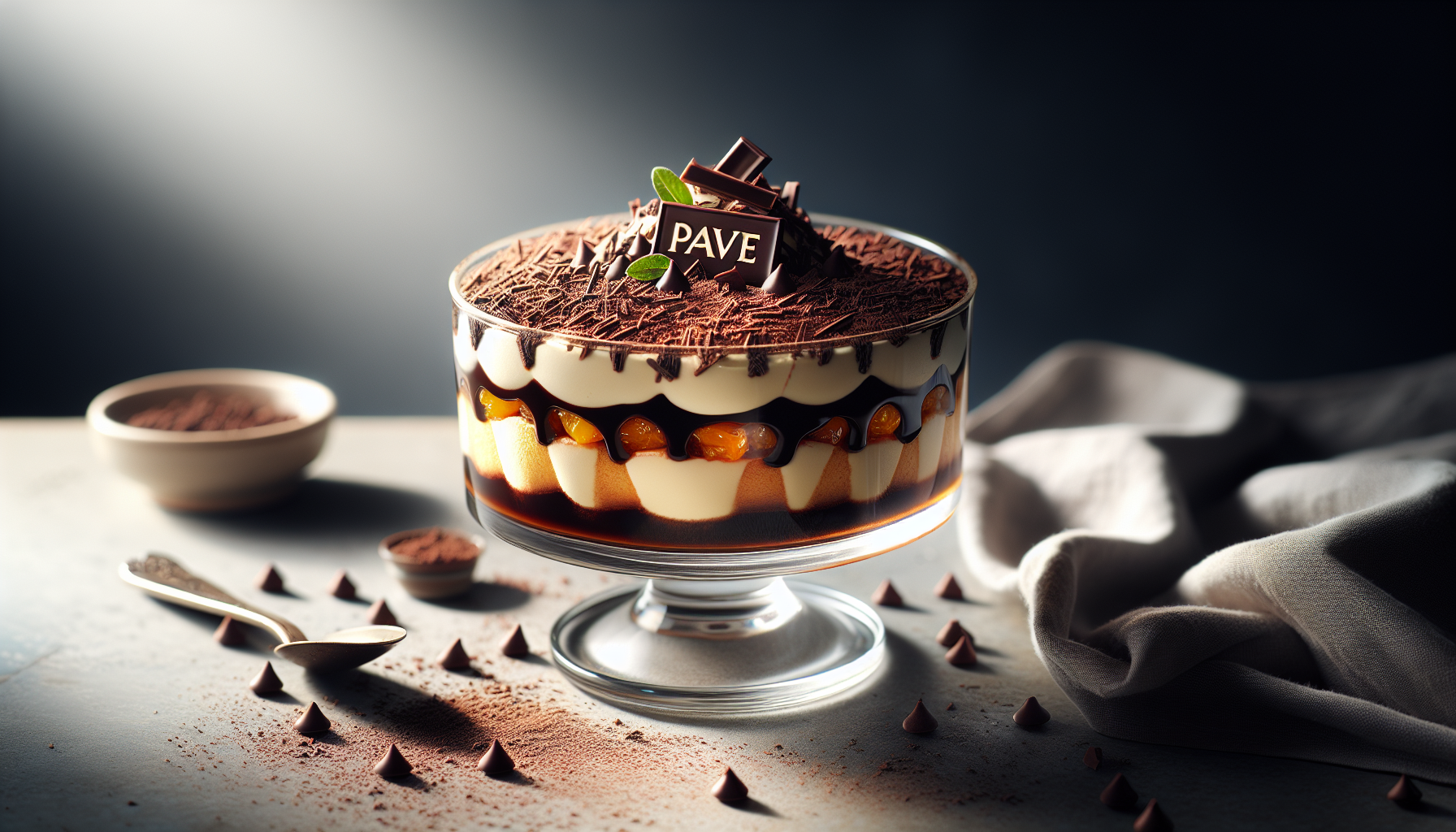 Pavê pronto em travessa de vidro decorado com chocolate granulado