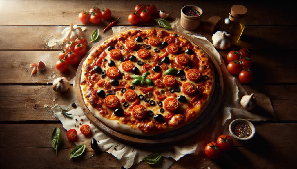 Pizza caseira pronta com queijo derretido e coberturas variadas