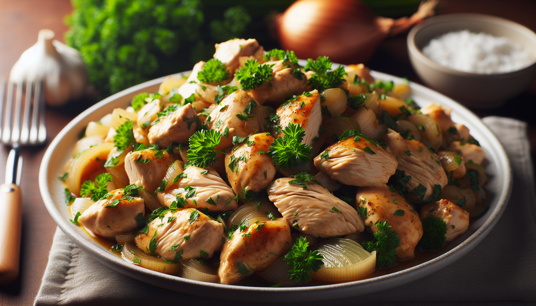 salpicão de frango em prato branco com decoração de salsinha